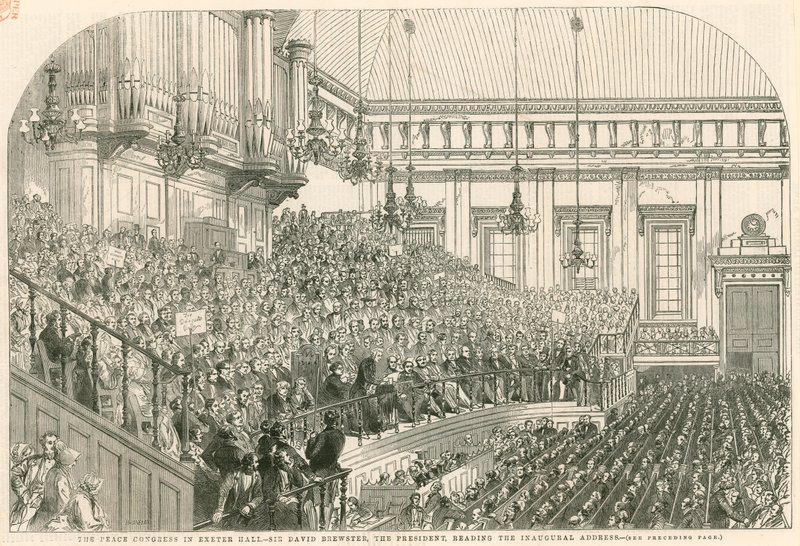 Kongres Pokojowy w Exeter Hall, prezydent Sir David Brewster odczytuje przemówienie inauguracyjne autorstwa English School