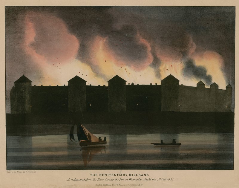 Penitentiary, Millbank, Londyn, tak jak wyglądała od strony rzeki podczas pożaru w nocy 7 października 1835 autorstwa English School