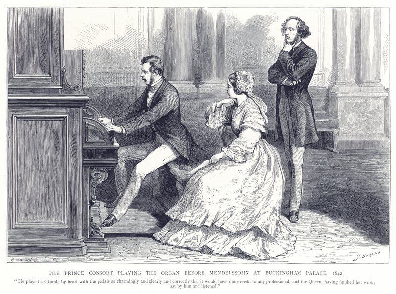 Książę małżonek grający na organach przed Mendelssohnem w Pałacu Buckingham, 1842 autorstwa English School