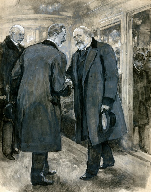Książę Walii witający cesarza niemieckiego, stacja Charing Cross, 20 stycznia 1901 (wc na papierze) autorstwa English School