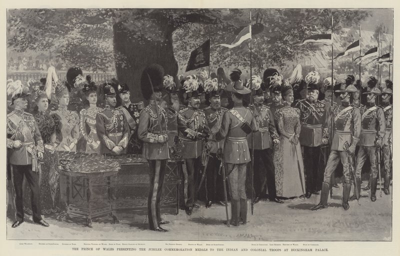 Książę Walii wręcza medale jubileuszowe żołnierzom indyjskim i kolonialnym w Pałacu Buckingham (lit) autorstwa English School