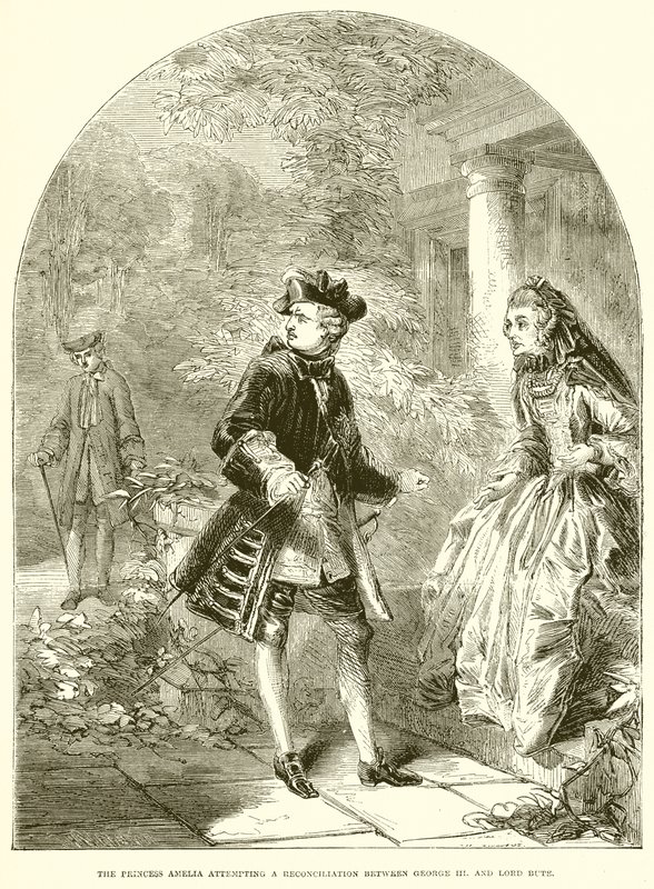 Księżniczka Amelia próbuje pojednania między Jerzym III. i Lord Bute autorstwa English School