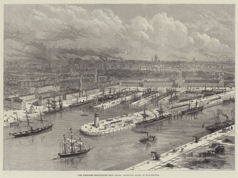 Proponowany kanał Manchester Ship, przeznaczone doki w Manchesterze (rycina) autorstwa English School