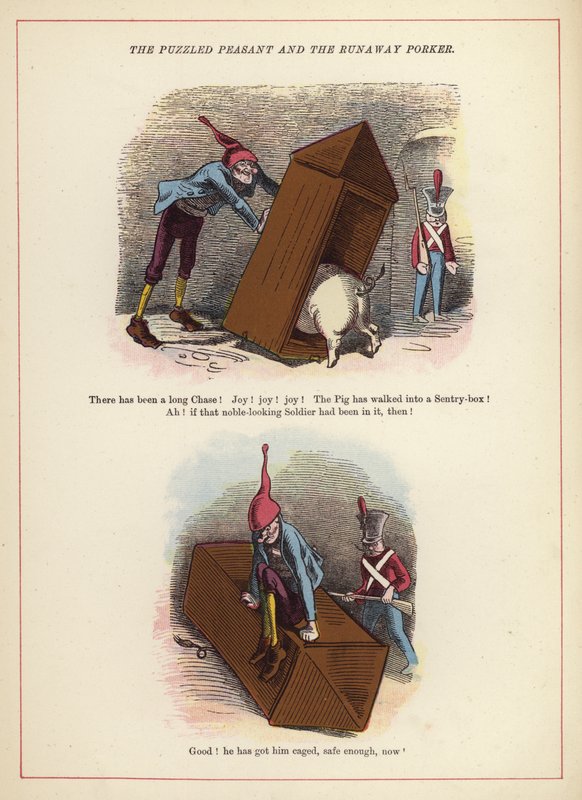 The Puzzled Peasant and the Runaway Porker (kolorowa litografia) autorstwa English School