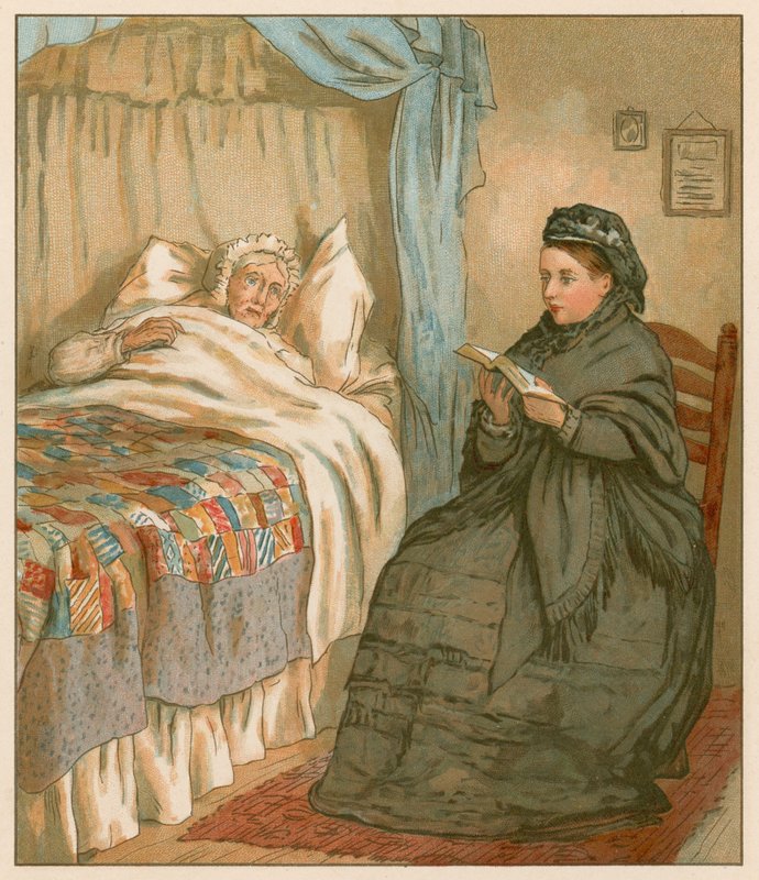 Królowa czytająca przy łóżku starej chaty autorstwa English School