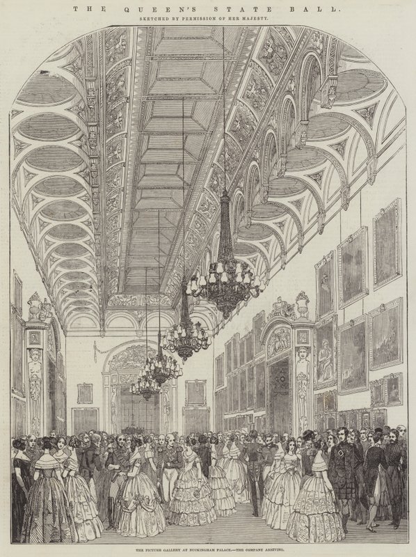 Bal Stanowy Królowej, Galeria Obrazów w Pałacu Buckingham, przybycie Firmy (grawerowanie) autorstwa English School