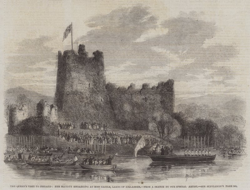 Wizyta królowej w Irlandii, wejście Jej Królewskiej Mości do zamku Ross, Lakes of Killarney (rycina) autorstwa English School