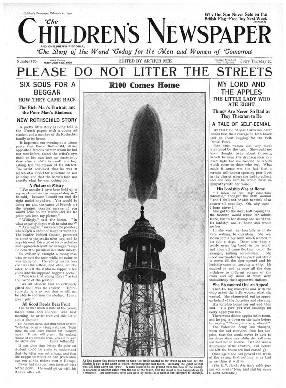 Sterowiec R100 wraca do domu, pierwsza strona „Gazety Dziecięcej”, luty 1930 (druk gazetowy) autorstwa English School