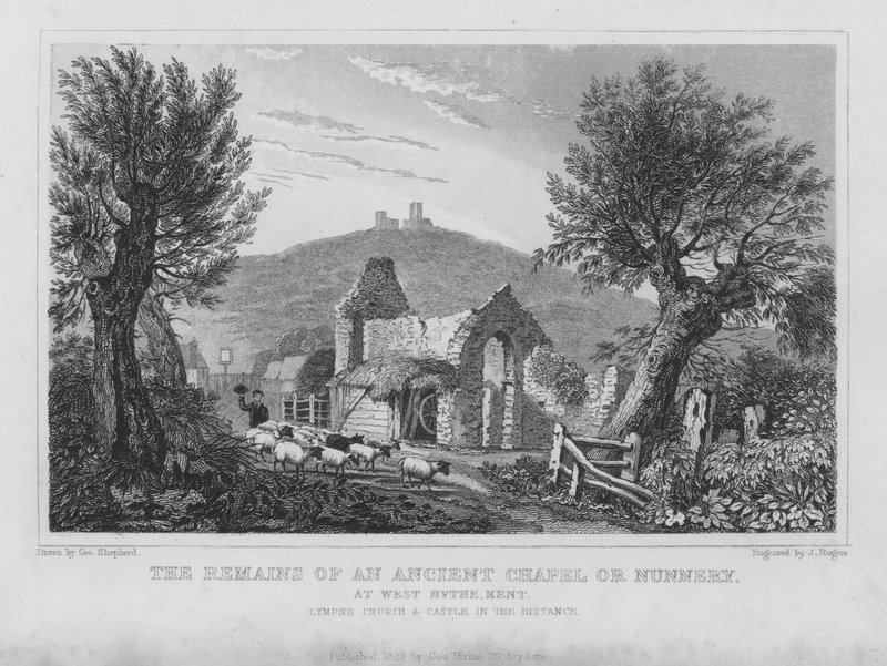 Pozostałości starożytnej kaplicy lub klasztoru w West Hythe, Kent (rycina) autorstwa English School