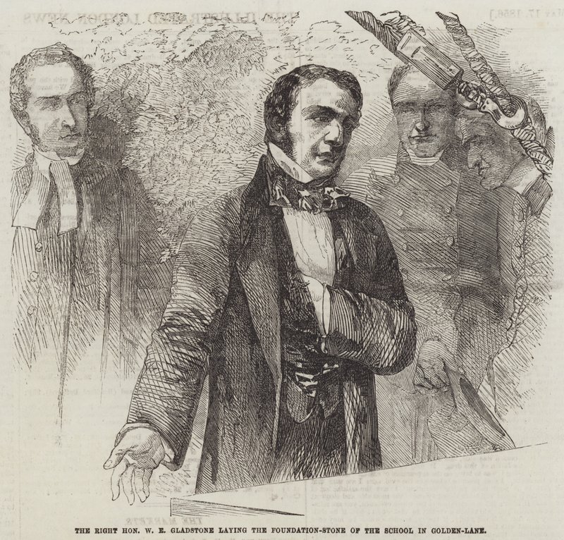 Szanowny W E Gladstone wmurował kamień węgielny pod budowę szkoły w Golden-Lane (rycina) autorstwa English School