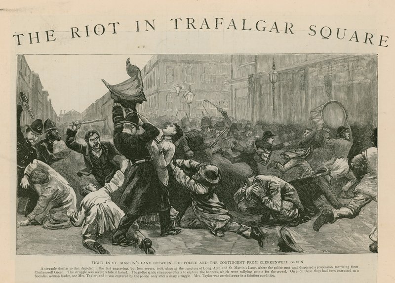 Zamieszki na Trafalgar Square: Walka na St Martins Lane między policją a kontyngentem z Clerkenwell Green autorstwa English School