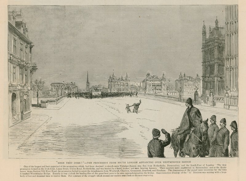 Zamieszki na Trafalgar Square: Here they Come – procesja z południowego Londynu zbliżająca się przez most Westminster Bridge autorstwa English School