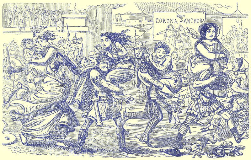 The Romans Walking off with the Sabine Women, ilustracja z The Comic History of Rome autorstwa Gilberta Abbotta a Becketta, opublikowana ok. 1850 r. (obraz ulepszony cyfrowo) autorstwa English School