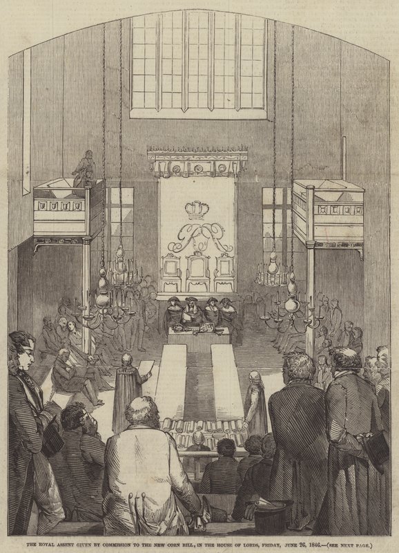 Zgoda królewska udzielona przez Komisję do New Corn Bill, w Izbie Lordów, piątek, 26 czerwca 1846 (rycina) autorstwa English School