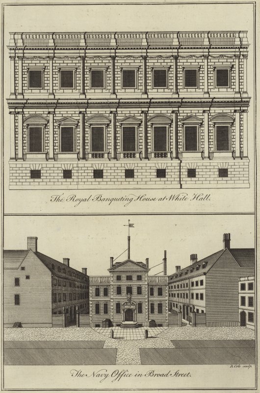 Royal Banqueting House w Whitehall i Biuro Marynarki Wojennej na Broad Street w Londynie autorstwa English School