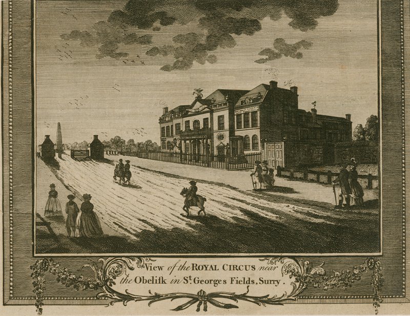 Cyrk Królewski w St Georges Fields, Surrey, w pobliżu Obelisku autorstwa English School