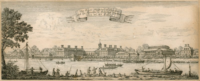 Royal Hospital w Chelsea i Rotunda w Ranelagh Gardens ze starego zdjęcia autorstwa English School