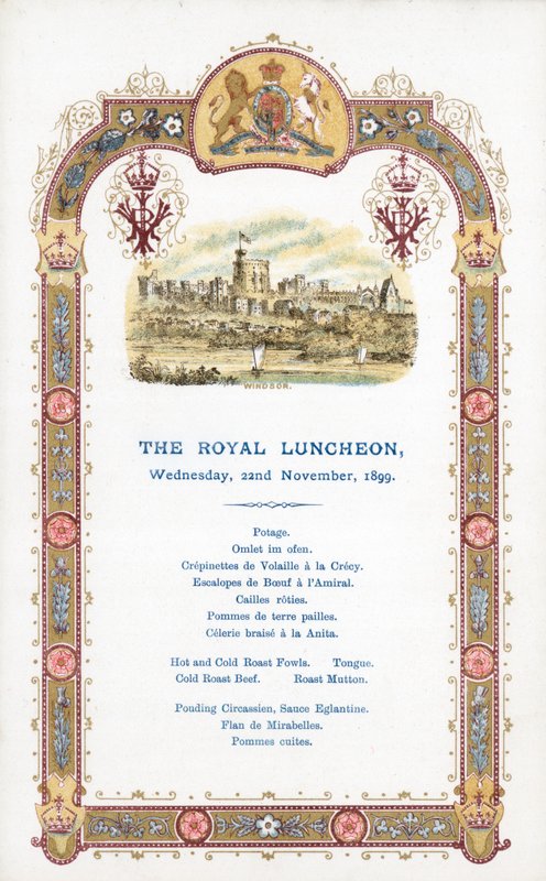 Śniadanie Królewskie, środa 22 listopada 1899, menu autorstwa English School