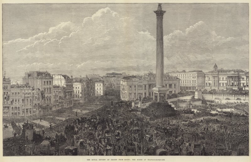 Królewski przegląd wojsk z Egiptu, scena na Trafalgar-Square (rycina) autorstwa English School