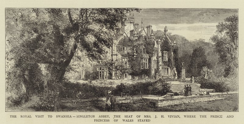 Królewska wizyta w Swansea, Opactwo Singleton, siedziba pani JH Vivian, gdzie przebywali książę i księżna Walii (rycina) autorstwa English School