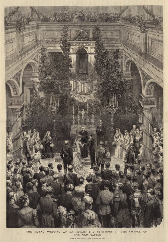 Ślub królewski w Darmstadt, Ceremonia w Kaplicy Starego Zamku (rycina) autorstwa English School