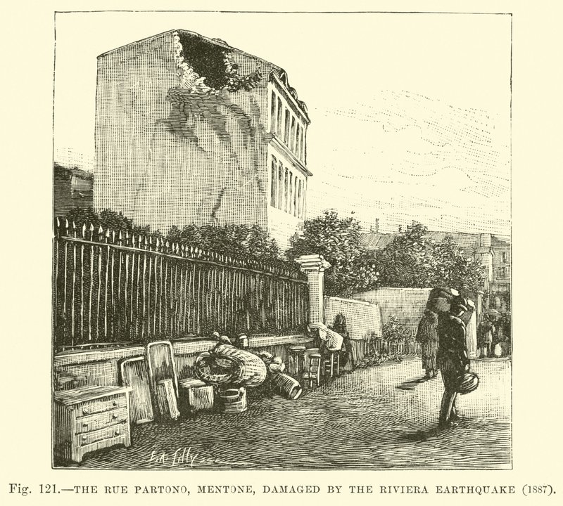 Rue Partono, Mentone, zniszczona przez trzęsienie ziemi na Riwierze, 1887 autorstwa English School