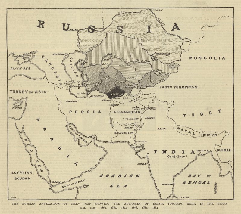 Rosyjska aneksja Merw, mapa przedstawiająca postępy Rosji w kierunku Indii w latach 1734, 1836, 1863, 1867, 1874, 1876, 1881, 1884 autorstwa English School