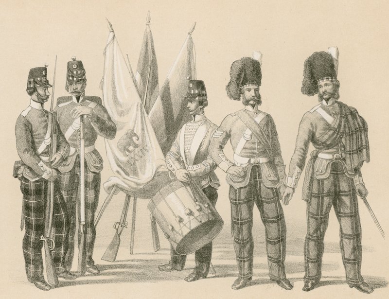 Siedemdziesiąty drugi („Duke of Albany”) i siedemdziesiąty czwarty górale autorstwa English School