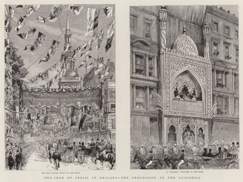 Shah of Persia w Anglii, procesja do Guildhall (grafika) autorstwa English School
