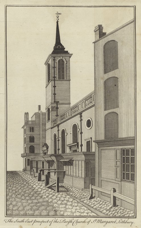 South East Prospect kościoła parafialnego St Margaret Lothbury, Londyn autorstwa English School