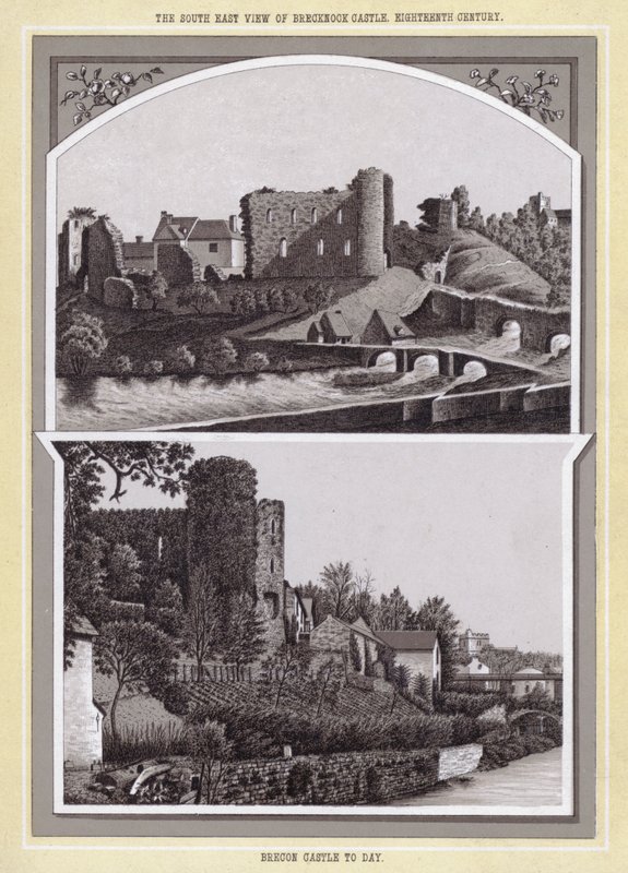 Widok południowo-wschodni zamku Brecknock, XVIII wiek; Zamek Brecon do dnia dzisiejszego (lito) autorstwa English School