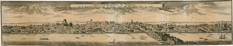South Prospect of London, po wielkim pożarze w 1666 r autorstwa English School