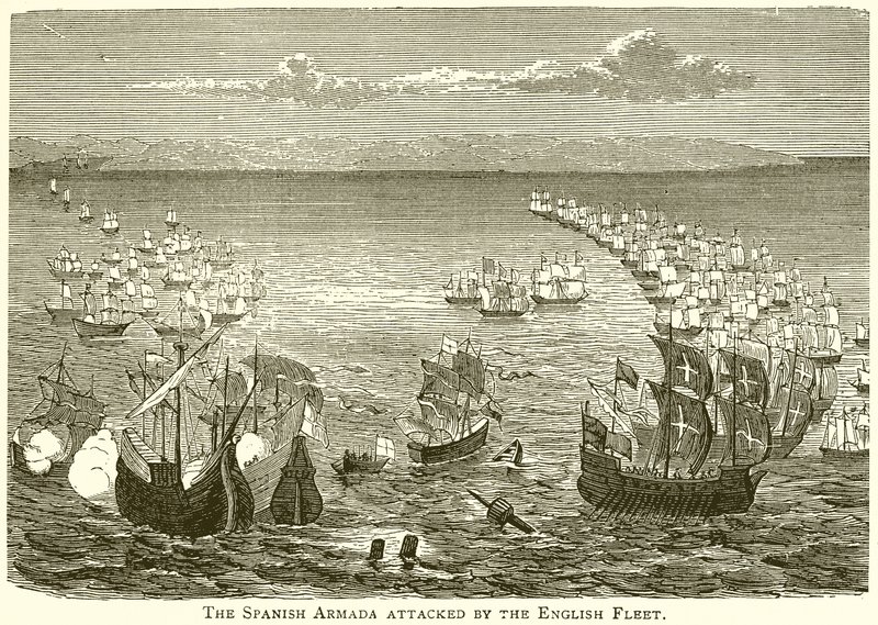 Hiszpańska Armada zaatakowana przez angielską flotę autorstwa English School