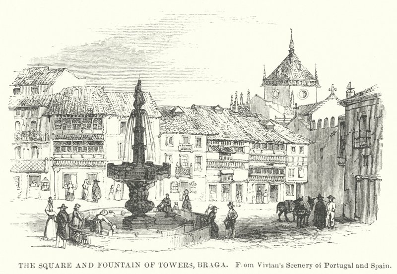 Plac i fontanna z wieżami, Braga (rycina) autorstwa English School