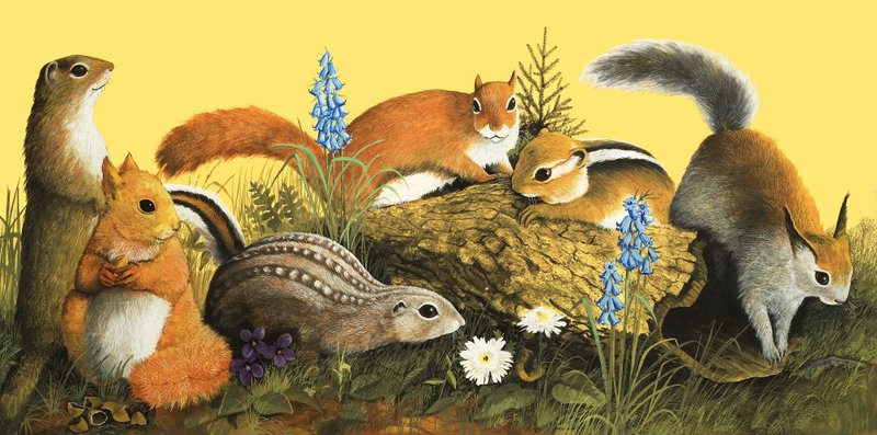 Rodzina wiewiórek, ilustracja z filmu "Dawno, dawno temu" (gwasz na papierze) autorstwa English School