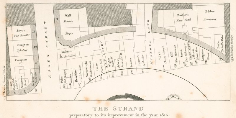 The Strand w Londynie, przed jego ulepszeniem w roku 1810; plan terenu autorstwa English School
