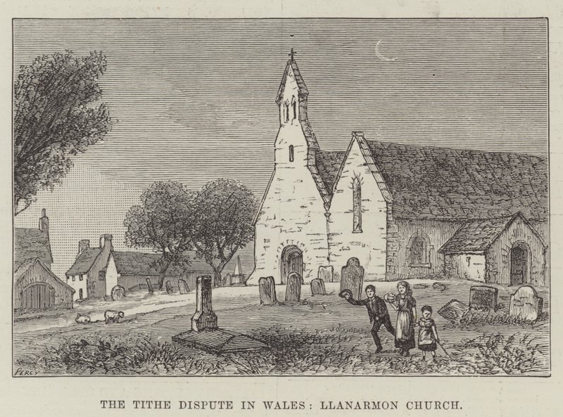 Spór o dziesięcinę w Walii, kościół Llanarmon (rycina) autorstwa English School