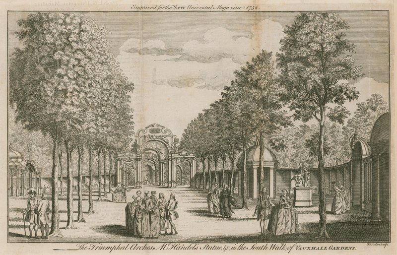 Łuki triumfalne, pomnik pana Handelsa, w South Walk of Vauxhall Gardens w Londynie autorstwa English School