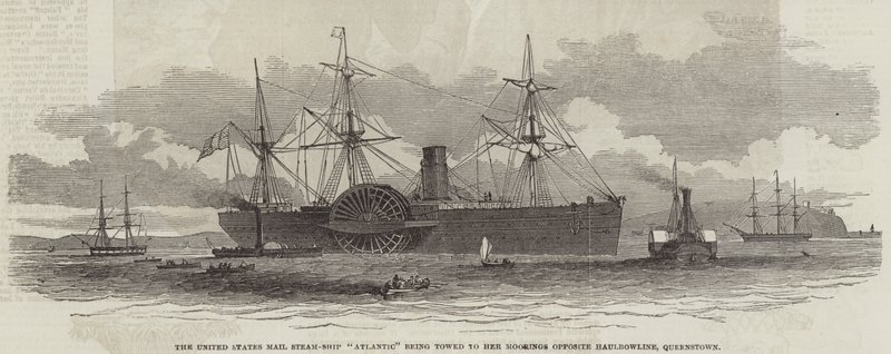 Statek parowy poczty Stanów Zjednoczonych „Atlantic” holowany do jej cumowania naprzeciwko Haulbowline, Queenstown (rycina) autorstwa English School