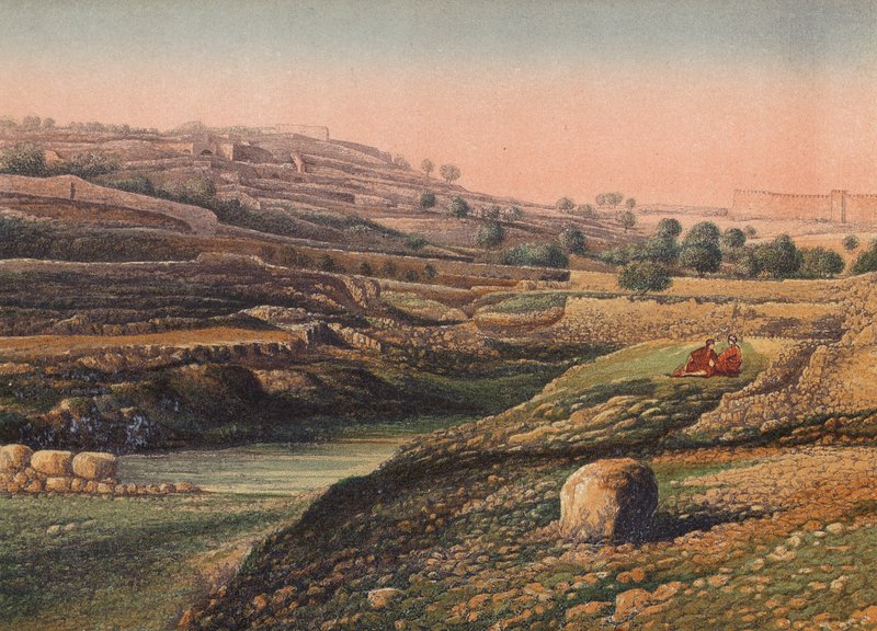 Dolina i dolny basen Gihon, Jerozolima (kolorowa litografia) autorstwa English School