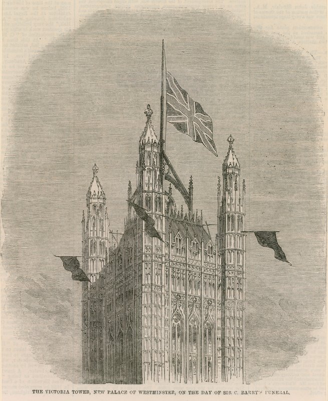 Victoria Tower, nowy Pałac Westminsterski, w dniu pogrzebu Sir C Barnetsa autorstwa English School