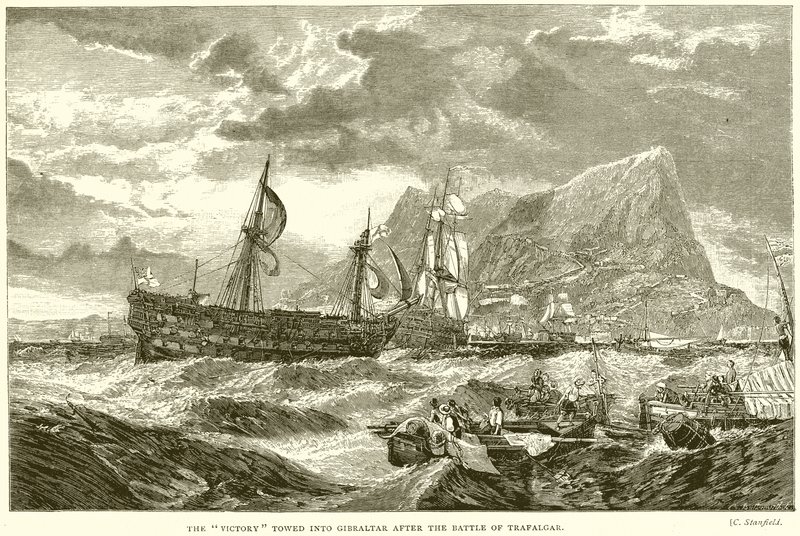 Zwycięstwo odholowane do Gibraltaru po bitwie pod Trafalgar autorstwa English School