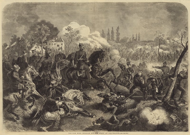 Wojna, król Wilhelm i jego sztab w Gravelotte (grafika) autorstwa English School