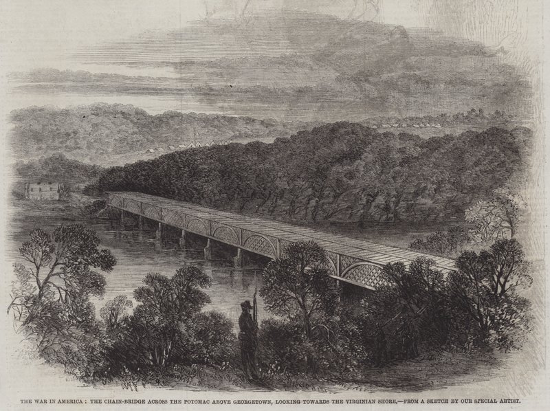 Wojna w Ameryce, Chain-Bridge przez Potomac nad Georgetown, w kierunku Virginia Shore (rycina) autorstwa English School