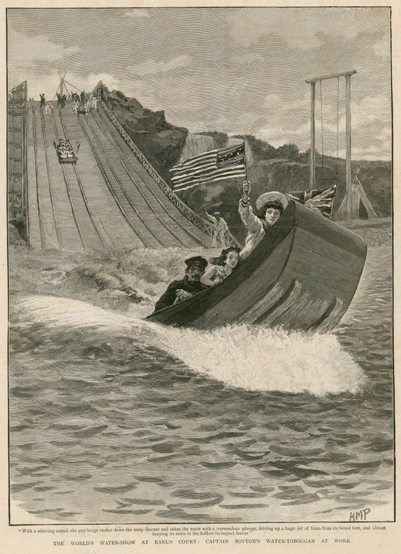Worlds Water Show w Earls Court w Londynie; Kapitan Boytons Water Toboggan w pracy autorstwa English School