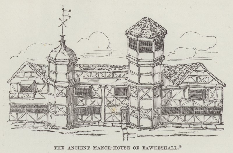 Starożytny dwór Fawkeshall (rycina) autorstwa English School