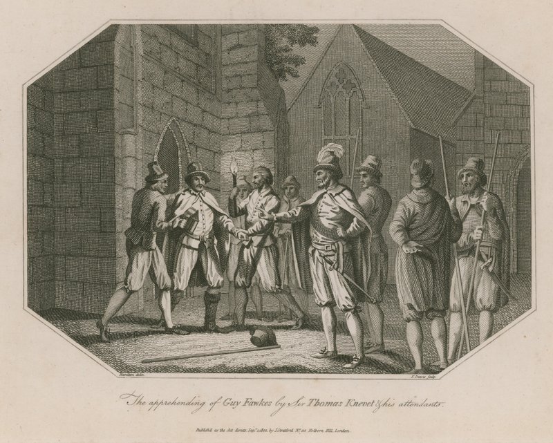 Zatrzymanie Guya Fawkesa przez Sir Thomasa Kneveta i jego pomocników autorstwa English School