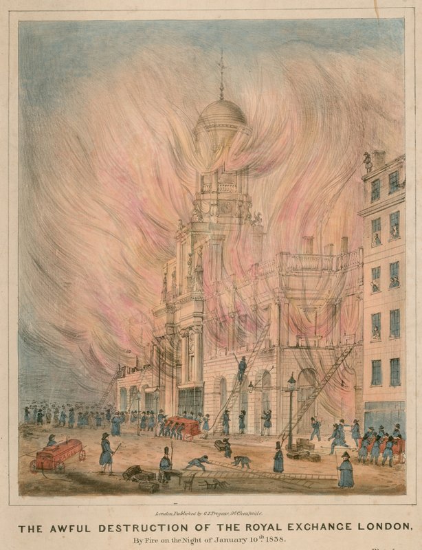 Okropne zniszczenie Royal Exchange w Londynie przez pożar w nocy 10 stycznia 1838 r autorstwa English School
