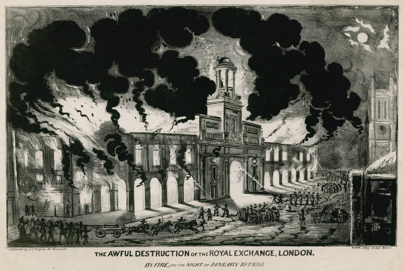 Okropne zniszczenie Royal Exchange w Londynie przez pożar w nocy 10 stycznia 1838 r autorstwa English School