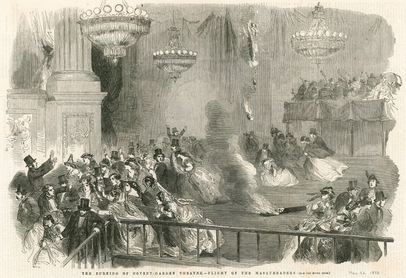Spalenie Covent Garden Theatre, Londyn - ucieczka maskaradów autorstwa English School